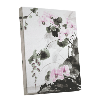 Blossoms Over Shadow, white, green, black floral wall art shown as a stretched canvas wall art