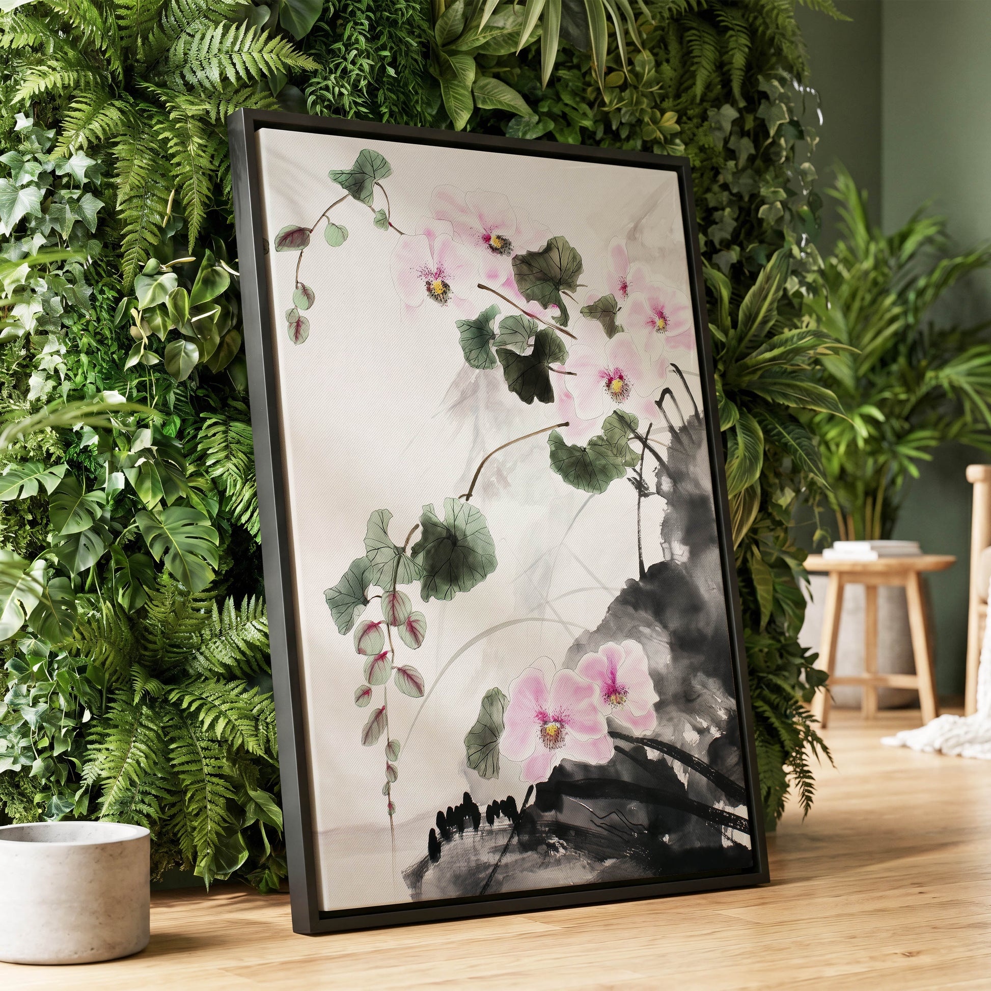 Blossoms Over Shadow, white, green, black floral wall art displayed in a styled interior, gallery view 1