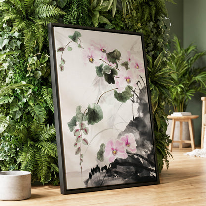 Blossoms Over Shadow, white, green, black floral wall art displayed in a styled interior, gallery view 1