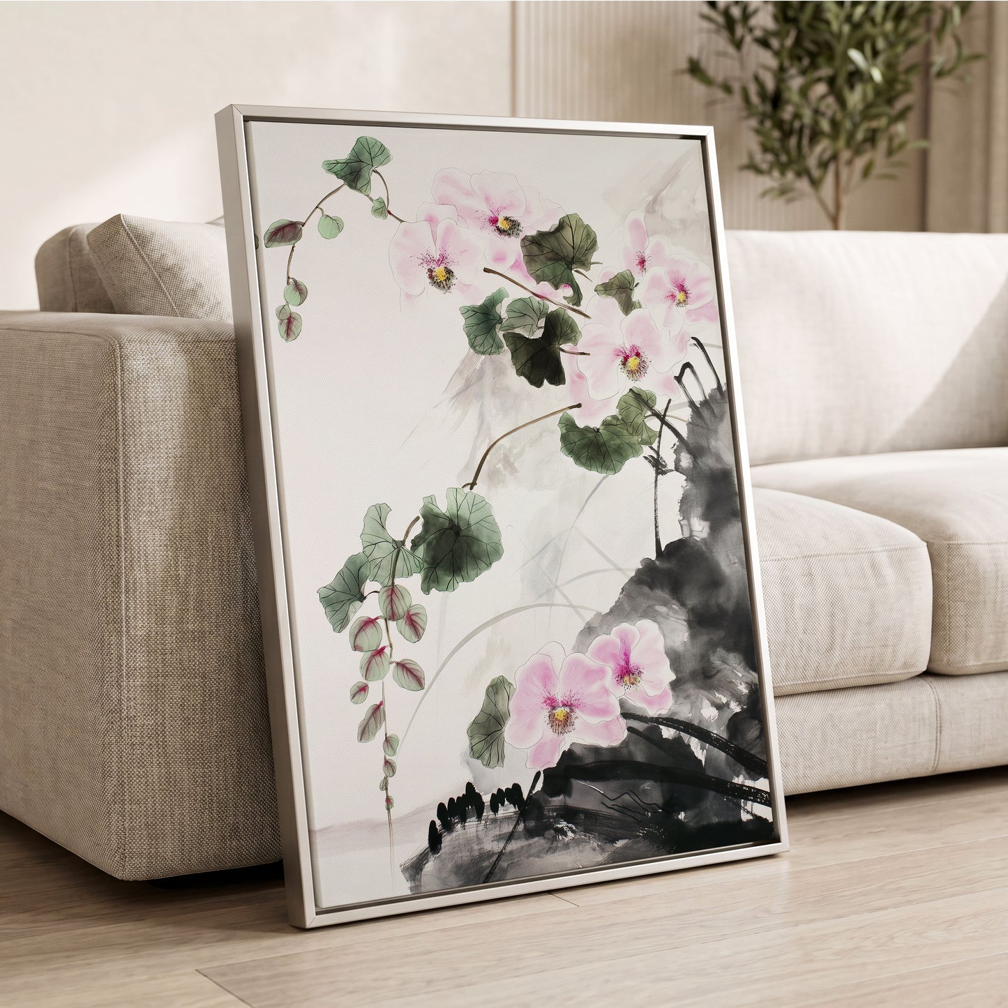 Blossoms Over Shadow, white, green, black floral wall art displayed in a styled interior, gallery view 2
