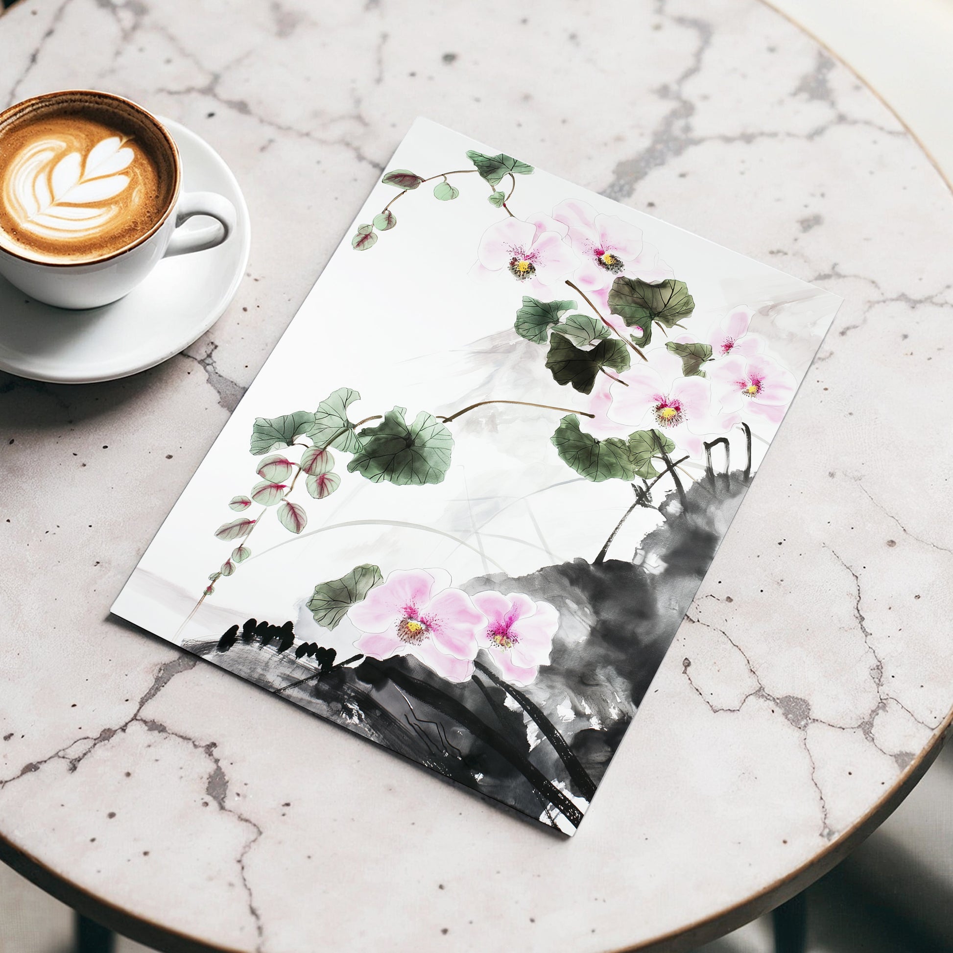 Blossoms Over Shadow, white, green, black floral wall art displayed in a styled interior, gallery view 3
