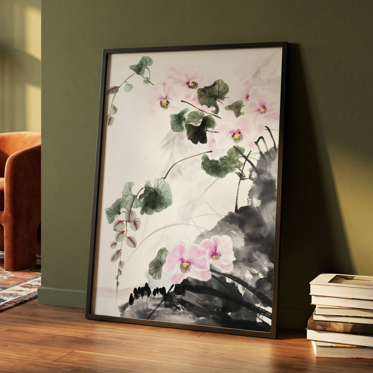 Blossoms Over Shadow, white, green, black floral wall art displayed in a styled interior, gallery view 4