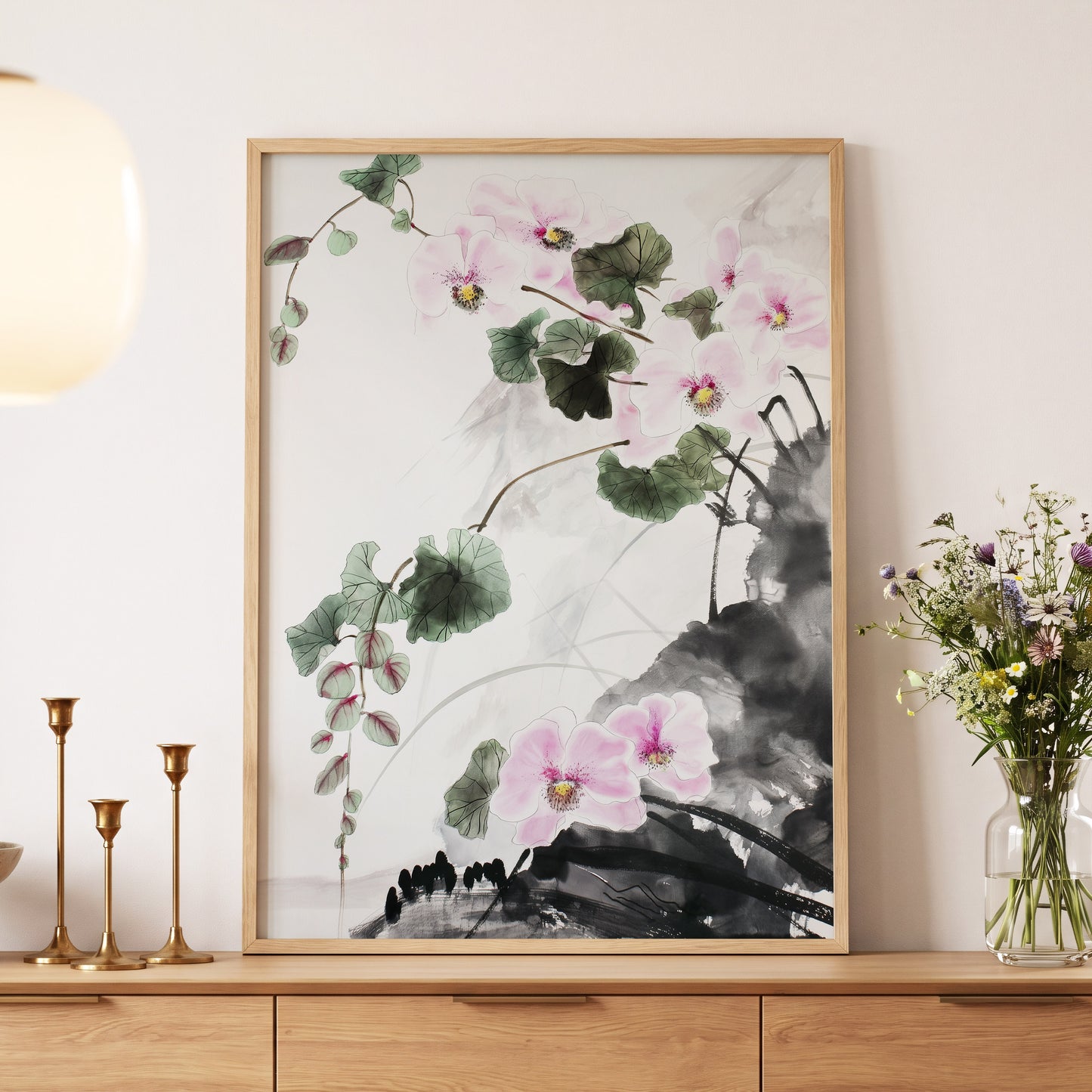 Blossoms Over Shadow, white, green, black floral wall art displayed in a styled interior, gallery view 5