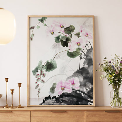 Blossoms Over Shadow, white, green, black floral wall art displayed in a styled interior, gallery view 5