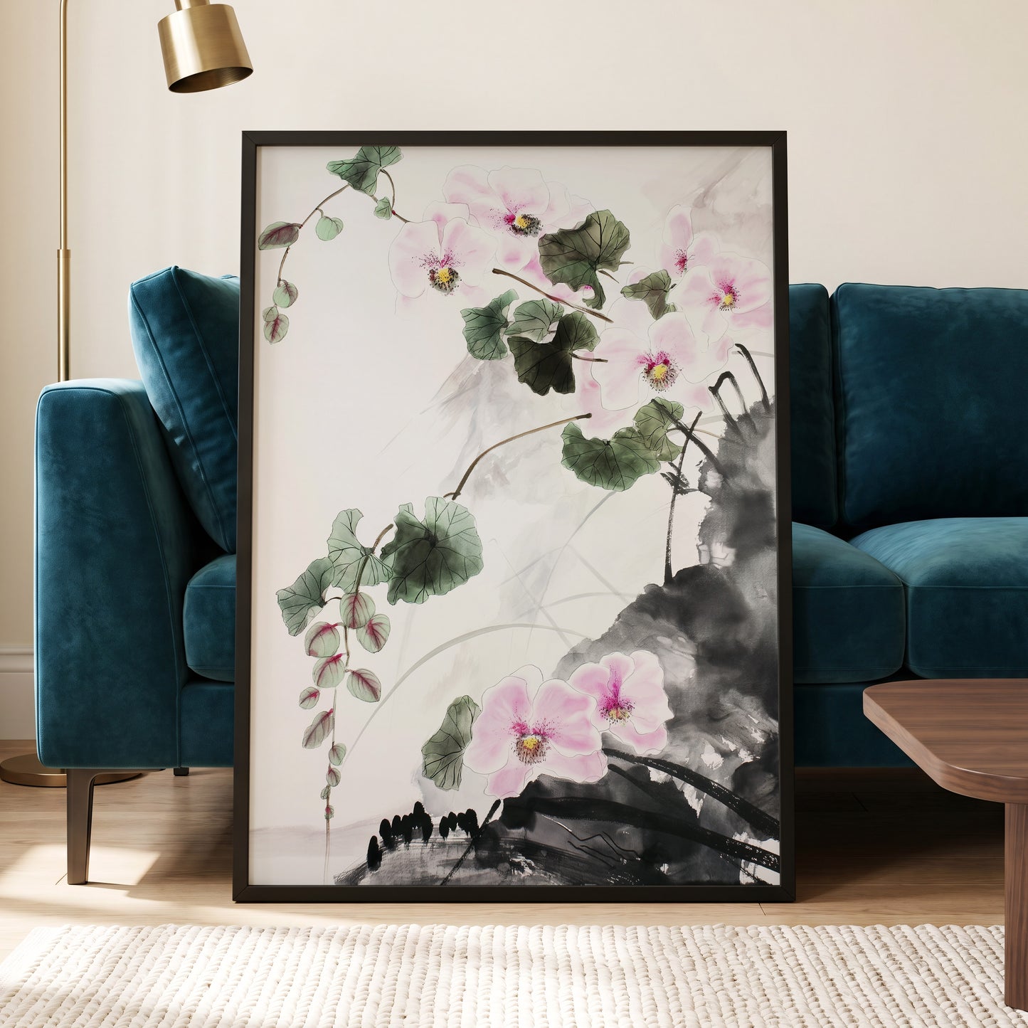Blossoms Over Shadow, white, green, black floral wall art displayed in a styled interior, gallery view 6