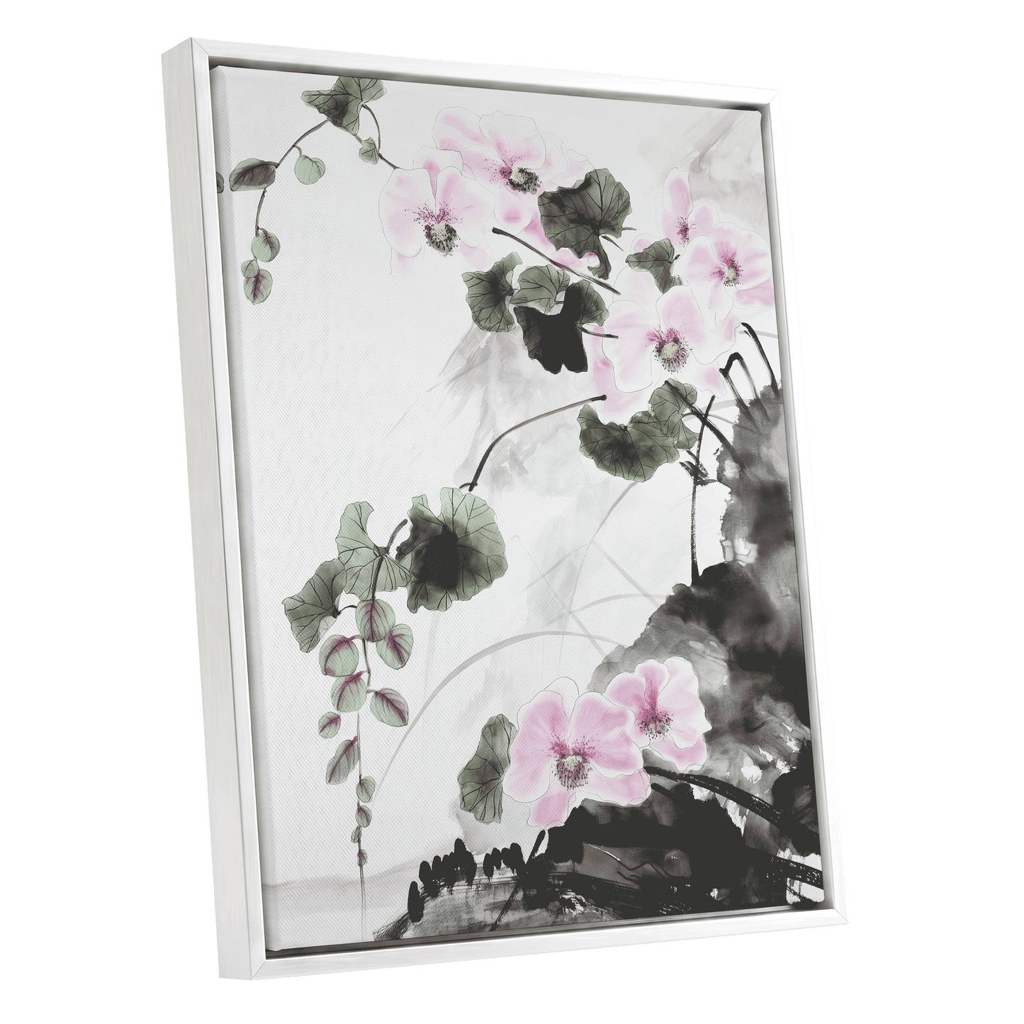 Blossoms Over Shadow, white, green, black floral wall art shown as a white framed canvas wall art