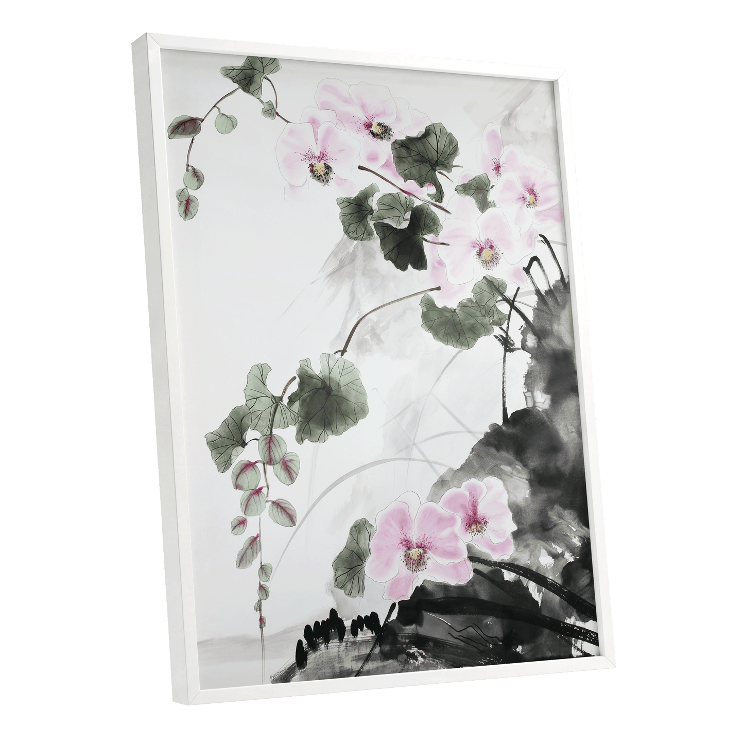 Blossoms Over Shadow, white, green, black floral wall art shown as a white framed poster wall art print