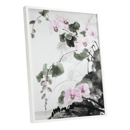 Blossoms Over Shadow, white, green, black floral wall art shown as a white framed poster wall art print