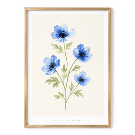 Blue Anemone Study, blue, green, beige floral wall art, front artwork view