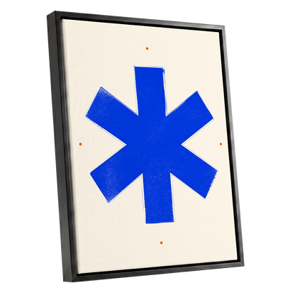 Blue Asterisk Orbit, blue, beige, orange minimalist wall art shown as a black framed canvas wall art