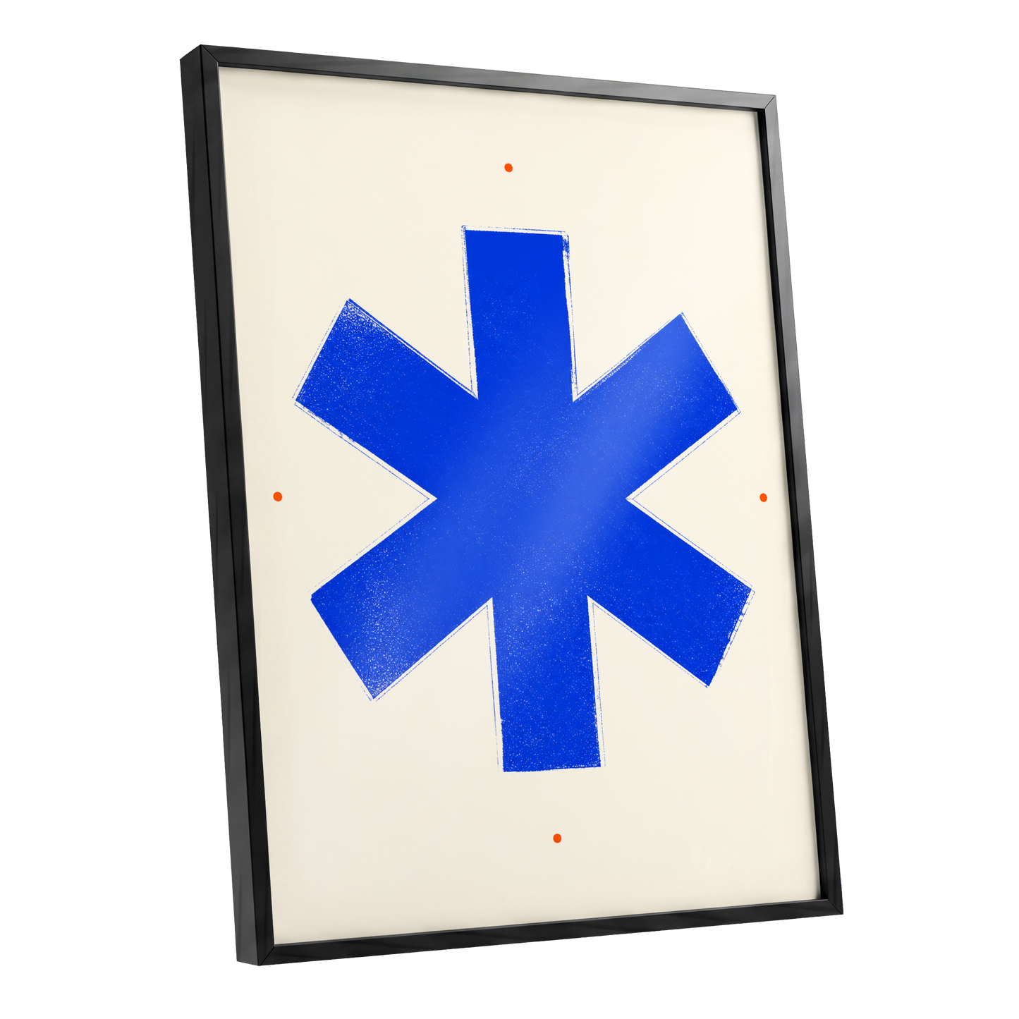 Blue Asterisk Orbit, blue, beige, orange minimalist wall art shown as a black framed poster wall art print