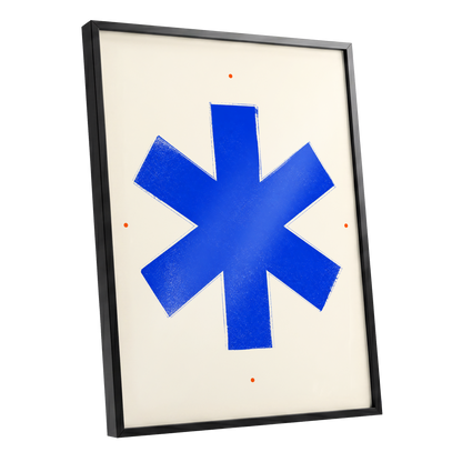 Blue Asterisk Orbit, blue, beige, orange minimalist wall art shown as a black framed poster wall art print