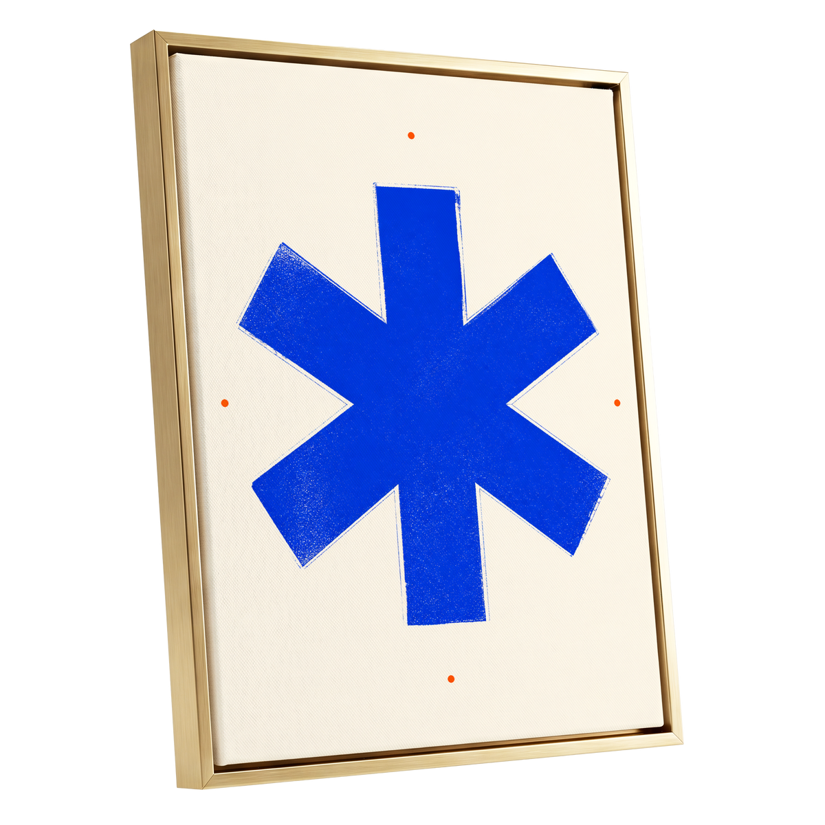 Blue Asterisk Orbit, blue, beige, orange minimalist wall art shown as a gold framed canvas wall art