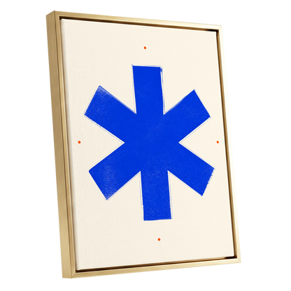 Blue Asterisk Orbit, blue, beige, orange minimalist wall art shown as a gold framed canvas wall art