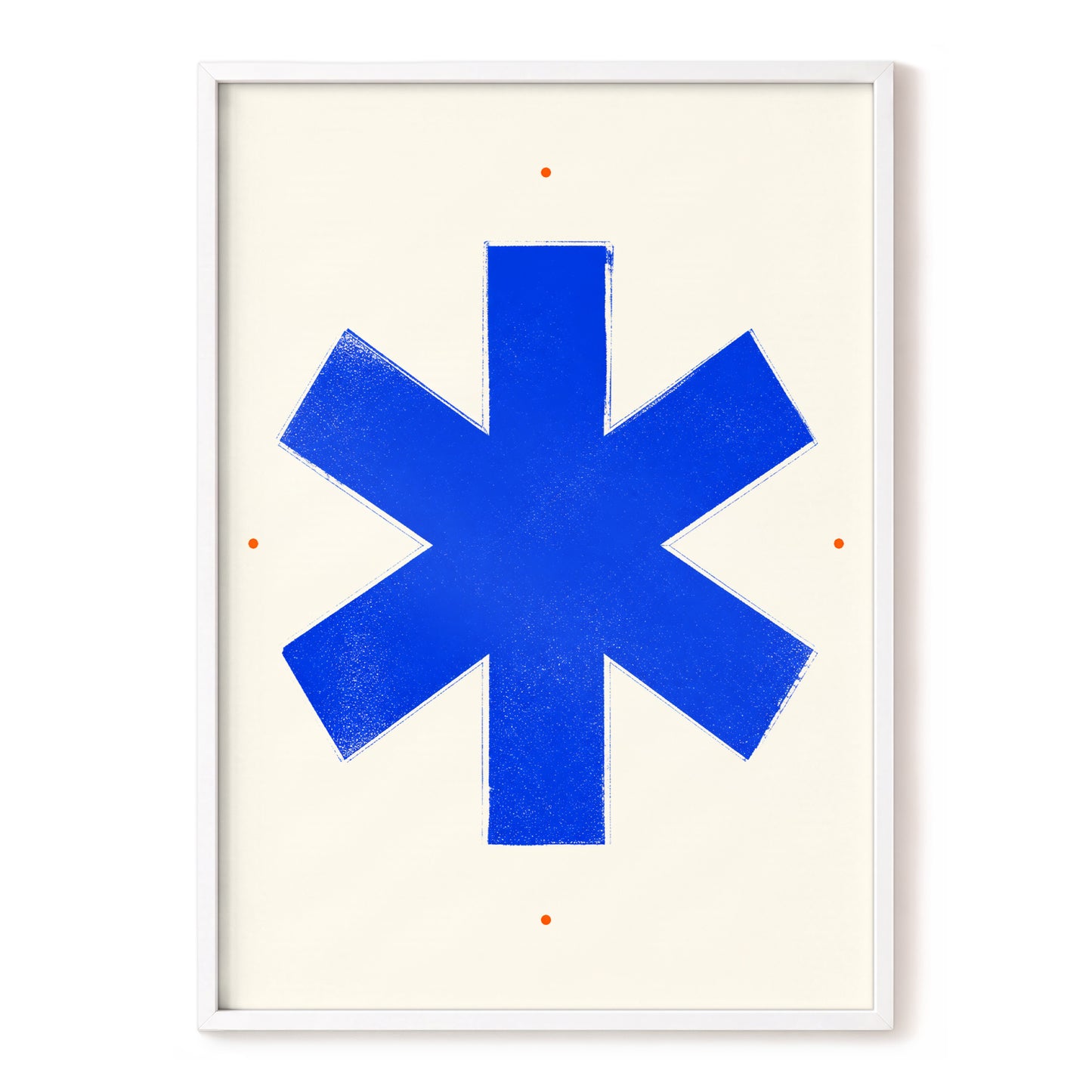 Blue Asterisk Orbit, blue, beige, orange minimalist wall art, front artwork view