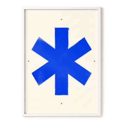Blue Asterisk Orbit, blue, beige, orange minimalist wall art, front artwork view