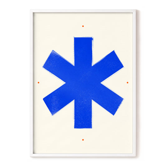 Blue Asterisk Orbit, blue, beige, orange minimalist wall art, front artwork view