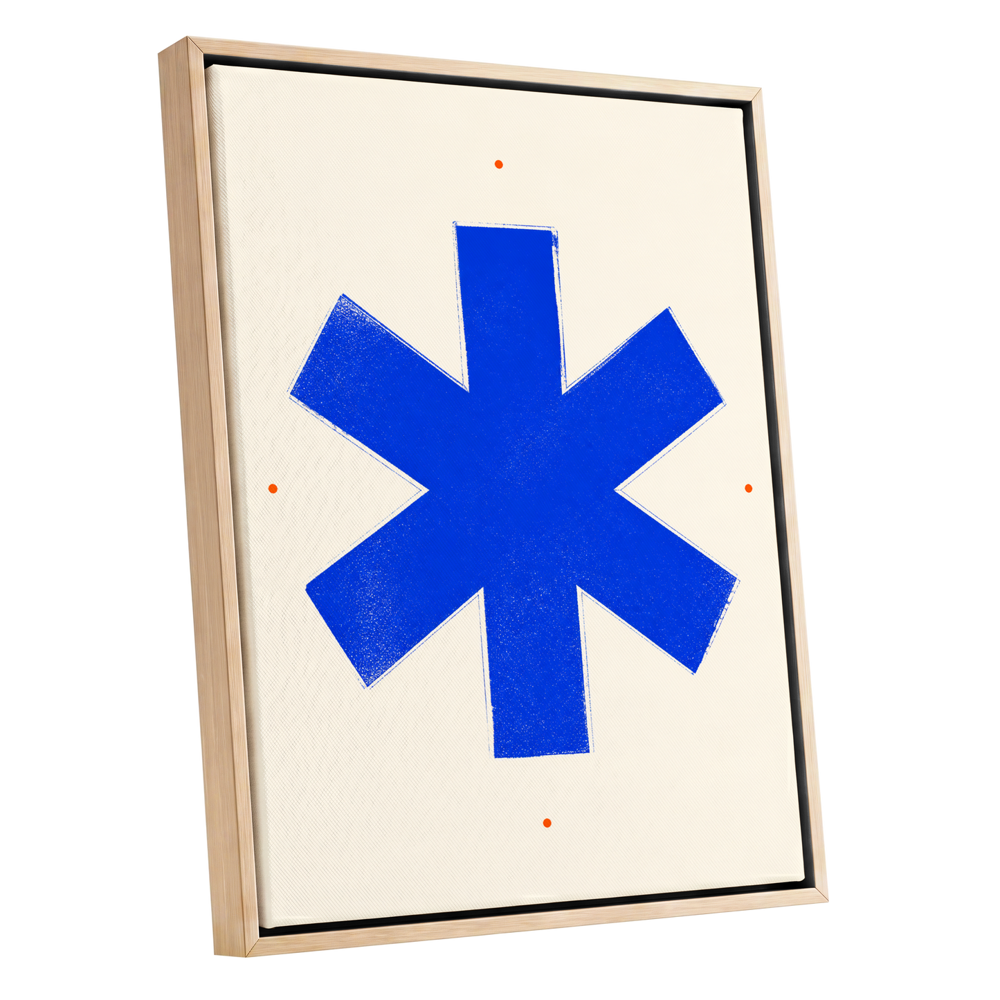 Blue Asterisk Orbit, blue, beige, orange minimalist wall art shown as a oak framed canvas wall art