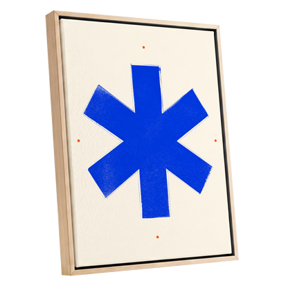 Blue Asterisk Orbit, blue, beige, orange minimalist wall art shown as a oak framed canvas wall art