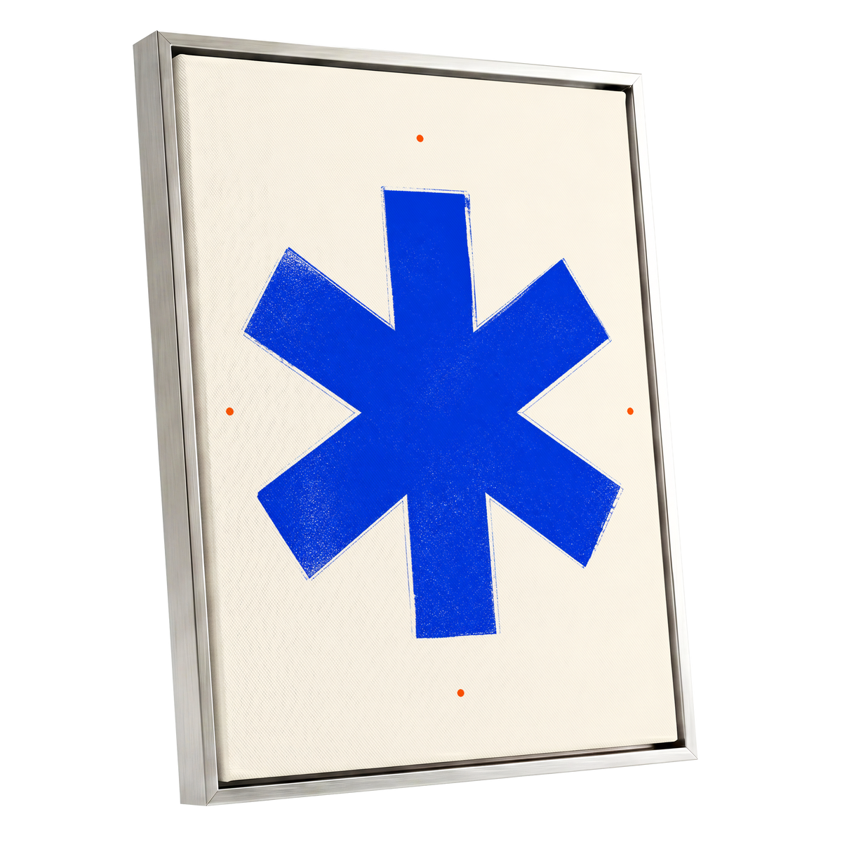Blue Asterisk Orbit, blue, beige, orange minimalist wall art shown as a silver framed canvas wall art