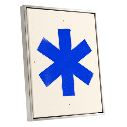 Blue Asterisk Orbit, blue, beige, orange minimalist wall art shown as a silver framed canvas wall art