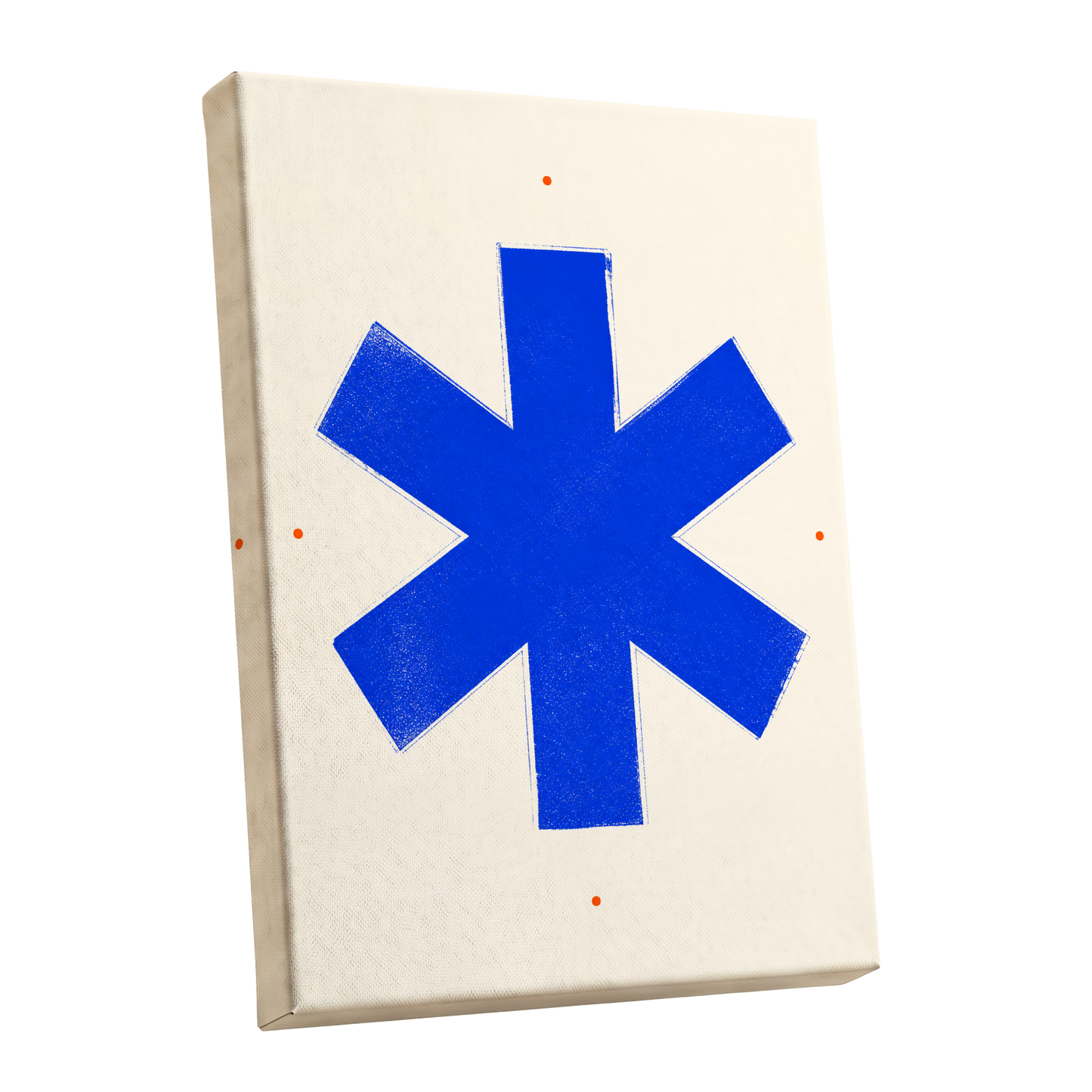 Blue Asterisk Orbit, blue, beige, orange minimalist wall art shown as a stretched canvas wall art