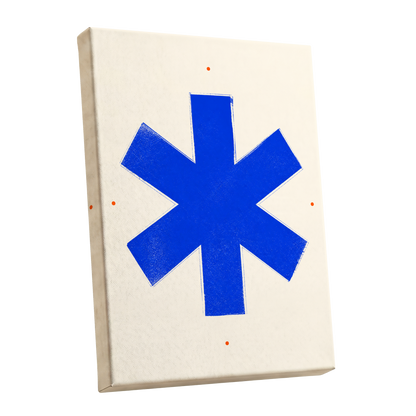 Blue Asterisk Orbit, blue, beige, orange minimalist wall art shown as a stretched canvas wall art