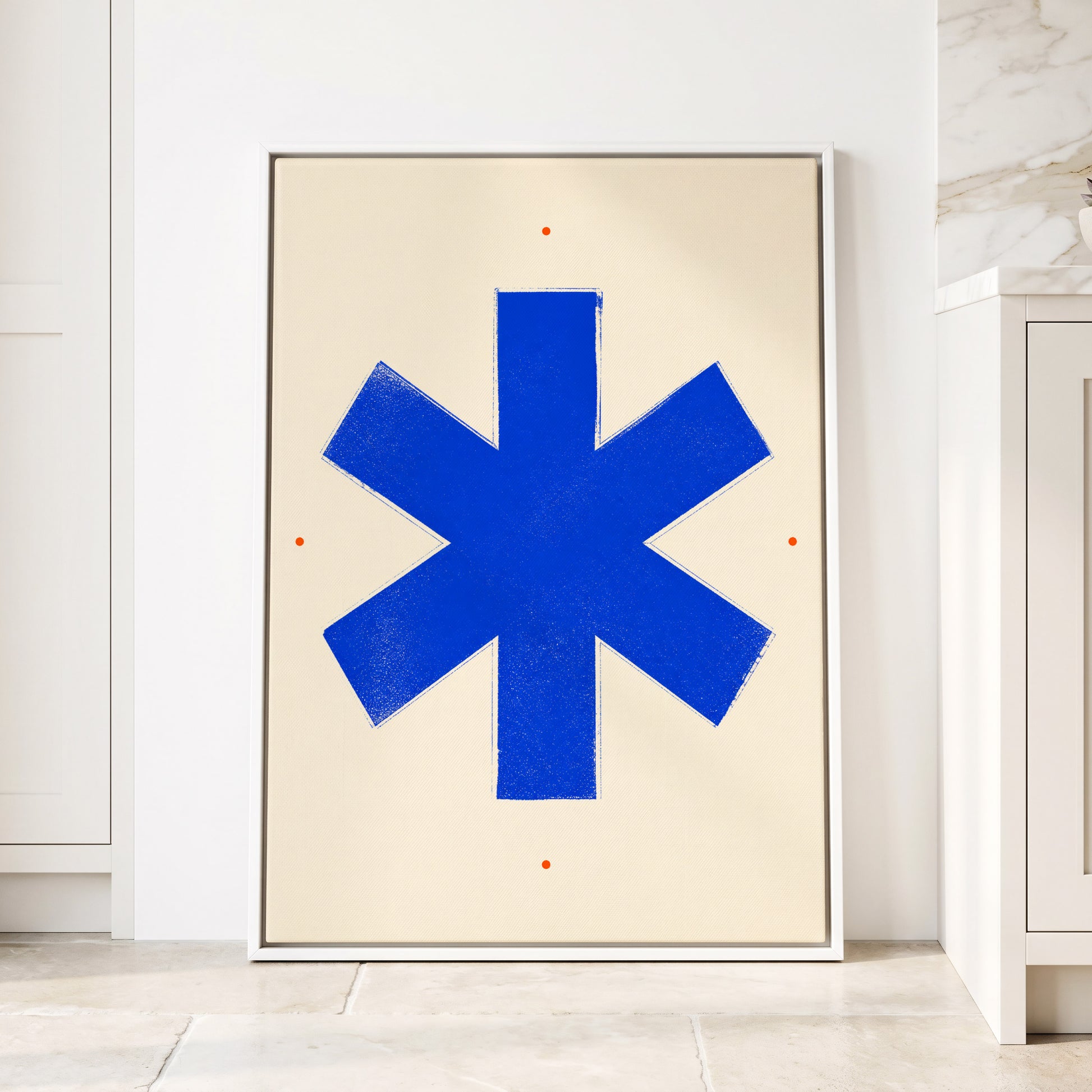 Blue Asterisk Orbit, blue, beige, orange minimalist wall art displayed in a styled interior, gallery view 1