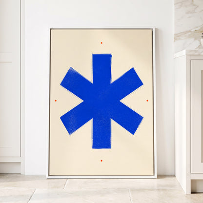 Blue Asterisk Orbit, blue, beige, orange minimalist wall art displayed in a styled interior, gallery view 1