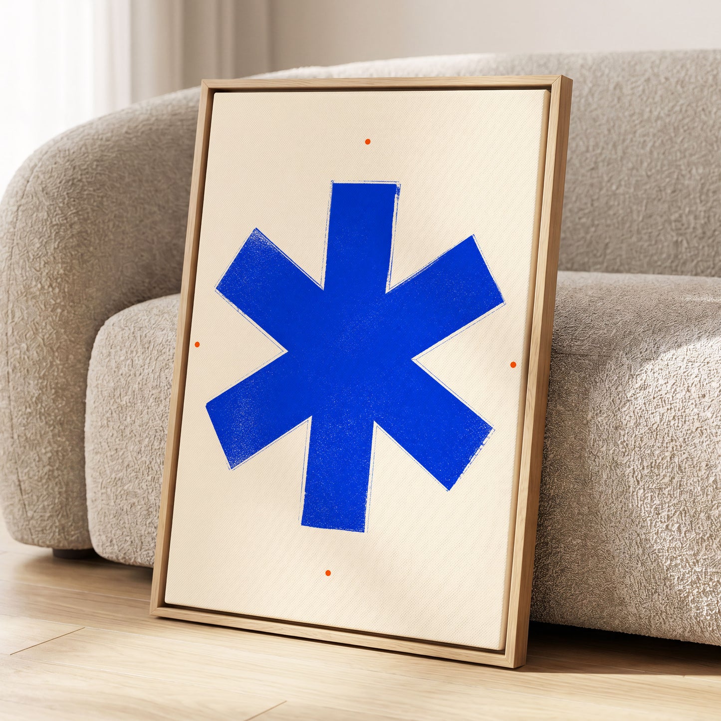 Blue Asterisk Orbit, blue, beige, orange minimalist wall art displayed in a styled interior, gallery view 2