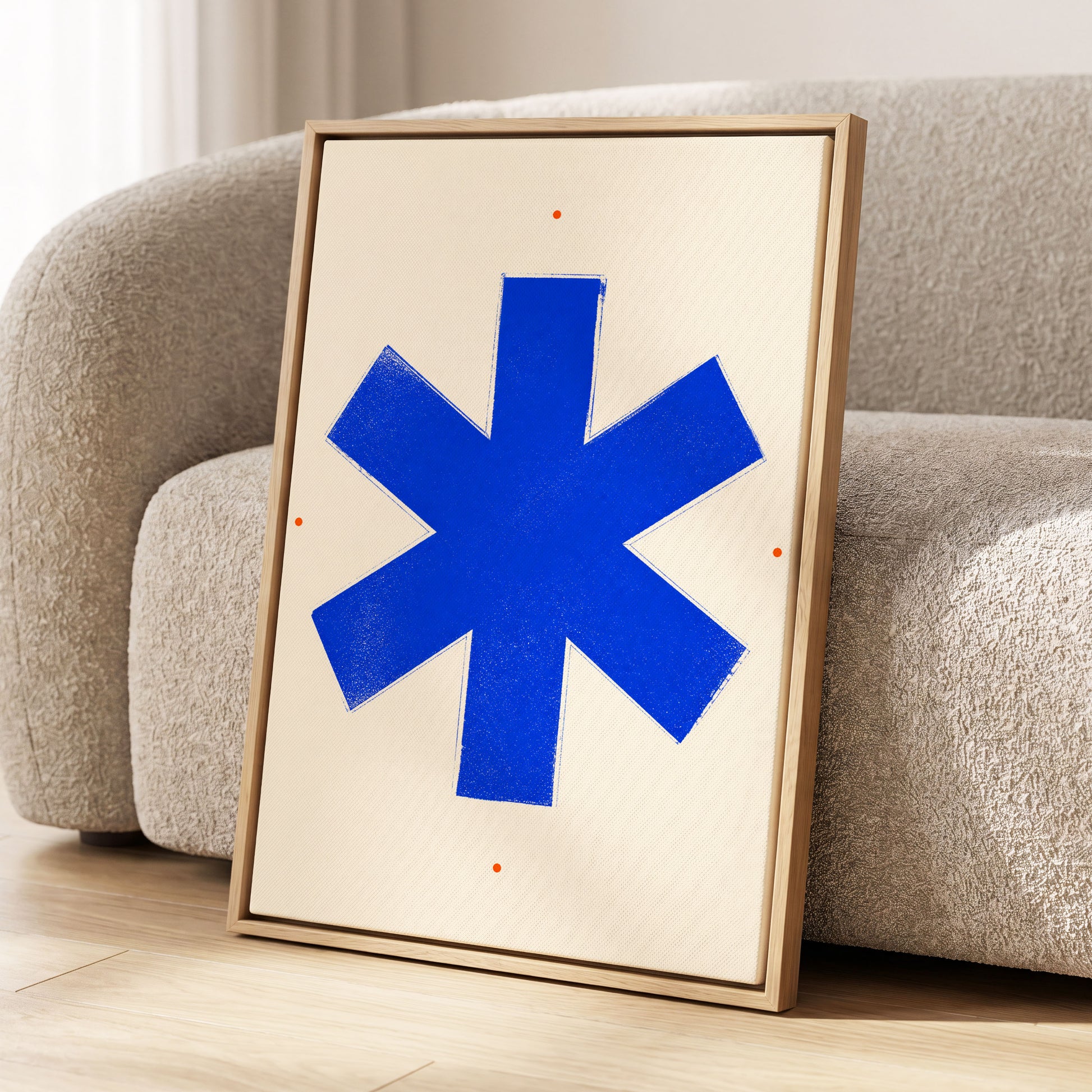 Blue Asterisk Orbit, blue, beige, orange minimalist wall art displayed in a styled interior, gallery view 2