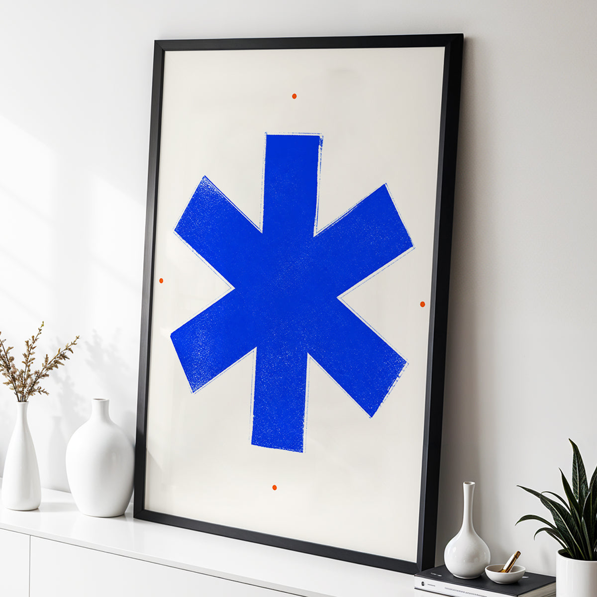 Blue Asterisk Orbit, blue, beige, orange minimalist wall art displayed in a styled interior, gallery view 3