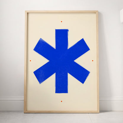 Blue Asterisk Orbit, blue, beige, orange minimalist wall art displayed in a styled interior, gallery view 4
