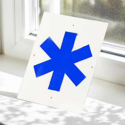 Blue Asterisk Orbit, blue, beige, orange minimalist wall art displayed in a styled interior, gallery view 5