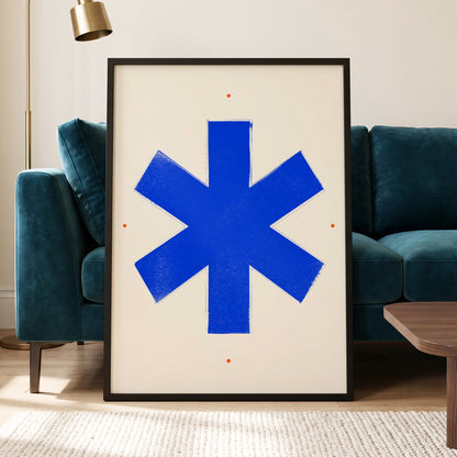 Blue Asterisk Orbit, blue, beige, orange minimalist wall art displayed in a styled interior, gallery view 6