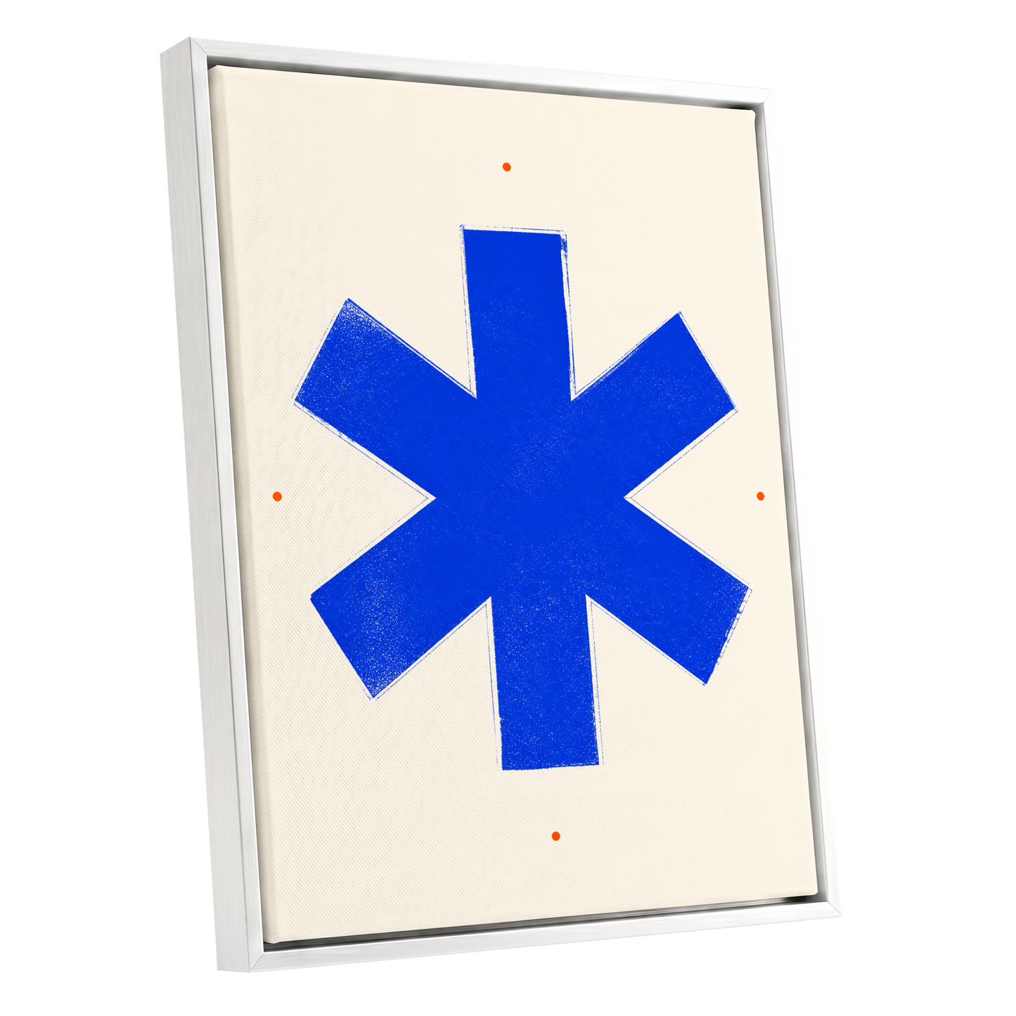 Blue Asterisk Orbit, blue, beige, orange minimalist wall art shown as a white framed canvas wall art