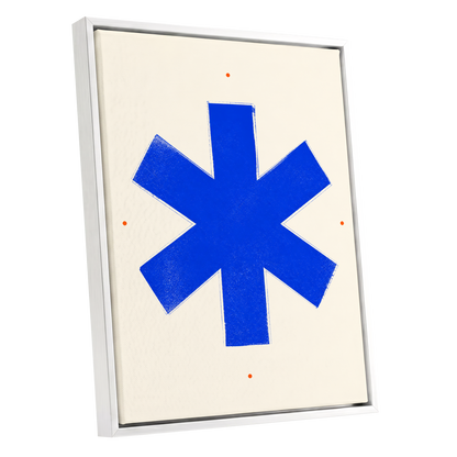 Blue Asterisk Orbit, blue, beige, orange minimalist wall art shown as a white framed canvas wall art