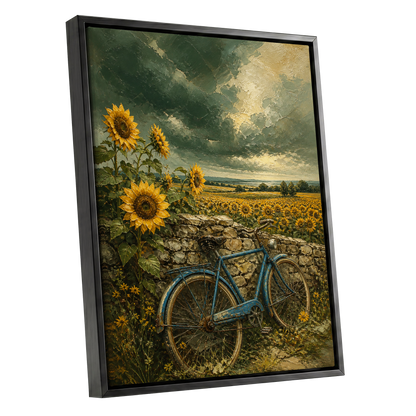 Blue Bicycle, Golden Fields, green, gold, blue floral wall art shown as a black framed canvas wall art