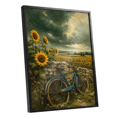 Blue Bicycle, Golden Fields, green, gold, blue floral wall art shown as a black framed poster wall art print