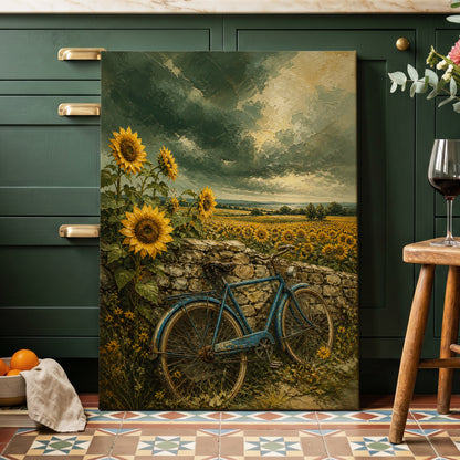 Blue Bicycle, Golden Fields, green, gold, blue floral wall art on canvas displayed in a styled interior, gallery view 1