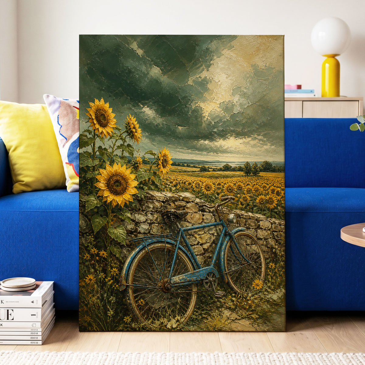 Blue Bicycle, Golden Fields, green, gold, blue floral wall art on canvas displayed in a styled interior, gallery view 2
