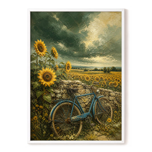 Blue Bicycle, Golden Fields, green, gold, blue floral wall art, front artwork view