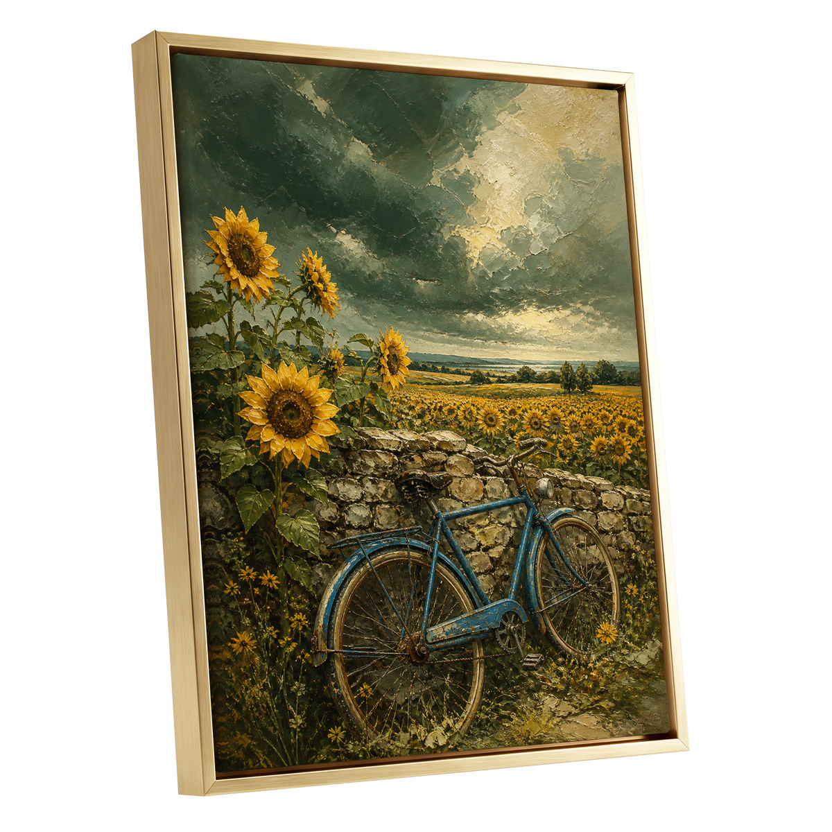 Blue Bicycle, Golden Fields, green, gold, blue floral wall art shown as a gold framed canvas wall art