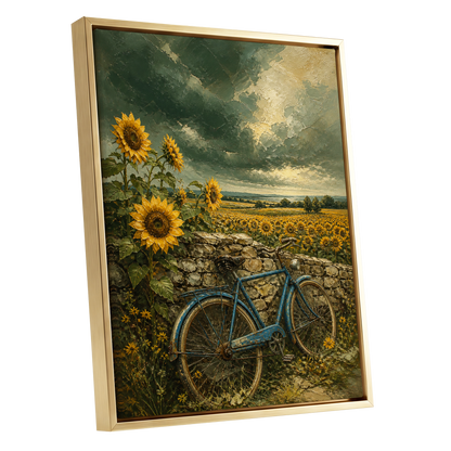 Blue Bicycle, Golden Fields, green, gold, blue floral wall art shown as a gold framed canvas wall art