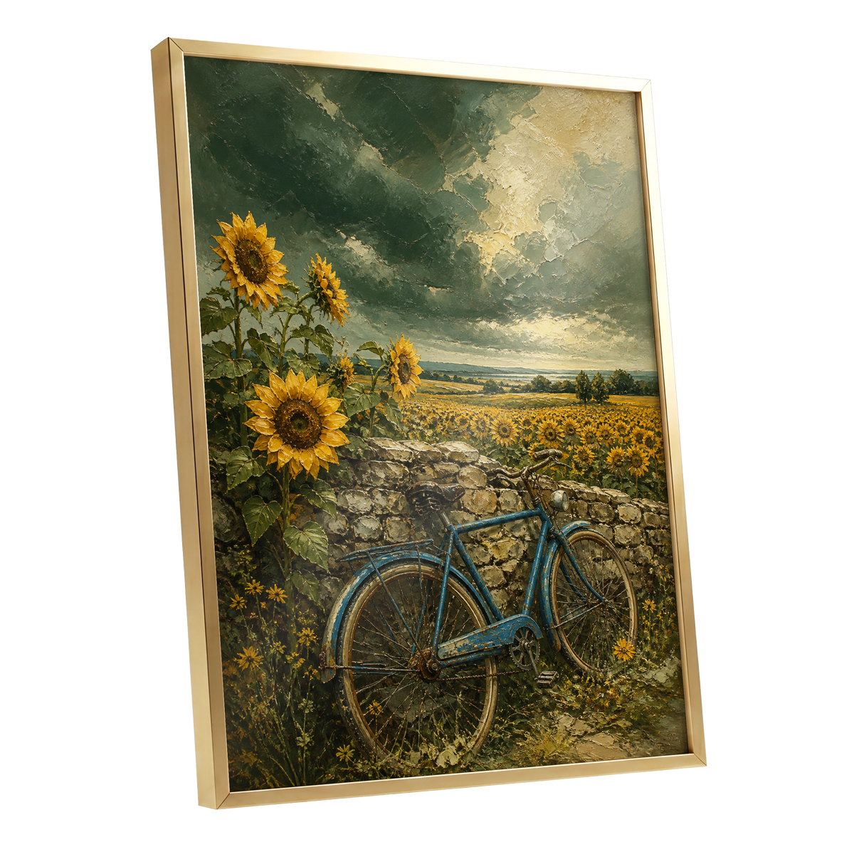 Blue Bicycle, Golden Fields, green, gold, blue floral wall art shown as a gold framed poster wall art print