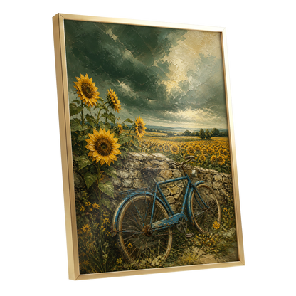 Blue Bicycle, Golden Fields, green, gold, blue floral wall art shown as a gold framed poster wall art print