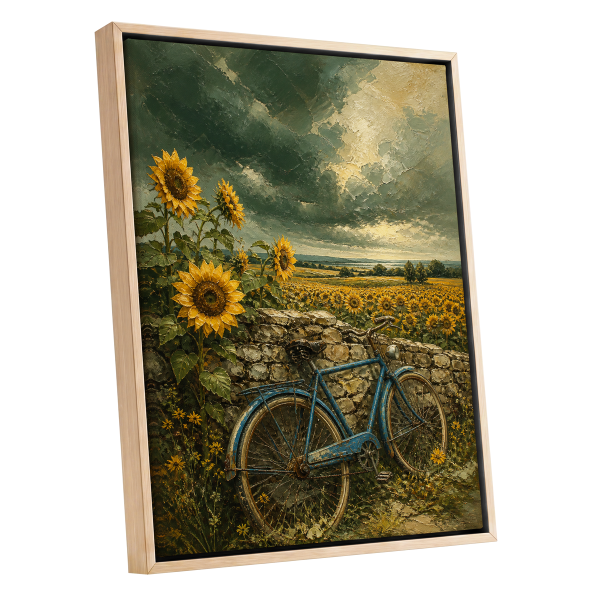 Blue Bicycle, Golden Fields, green, gold, blue floral wall art shown as a oak framed canvas wall art
