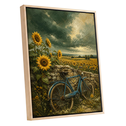 Blue Bicycle, Golden Fields, green, gold, blue floral wall art shown as a oak framed canvas wall art