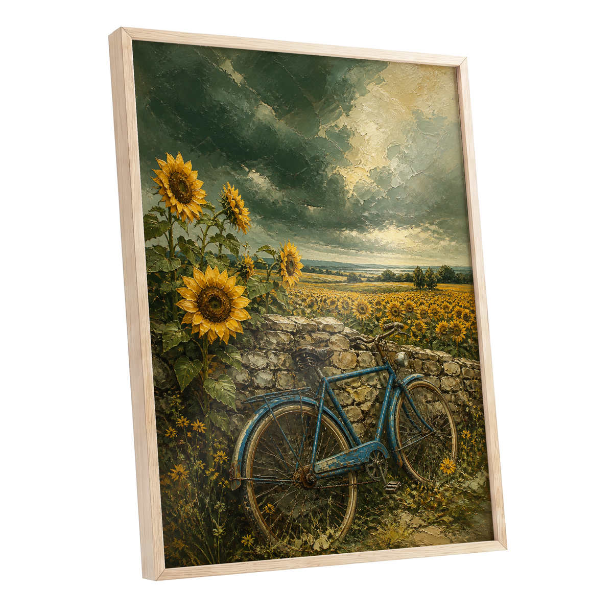 Blue Bicycle, Golden Fields, green, gold, blue floral wall art shown as a oak framed poster wall art print