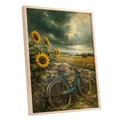 Blue Bicycle, Golden Fields, green, gold, blue floral wall art shown as a oak framed poster wall art print